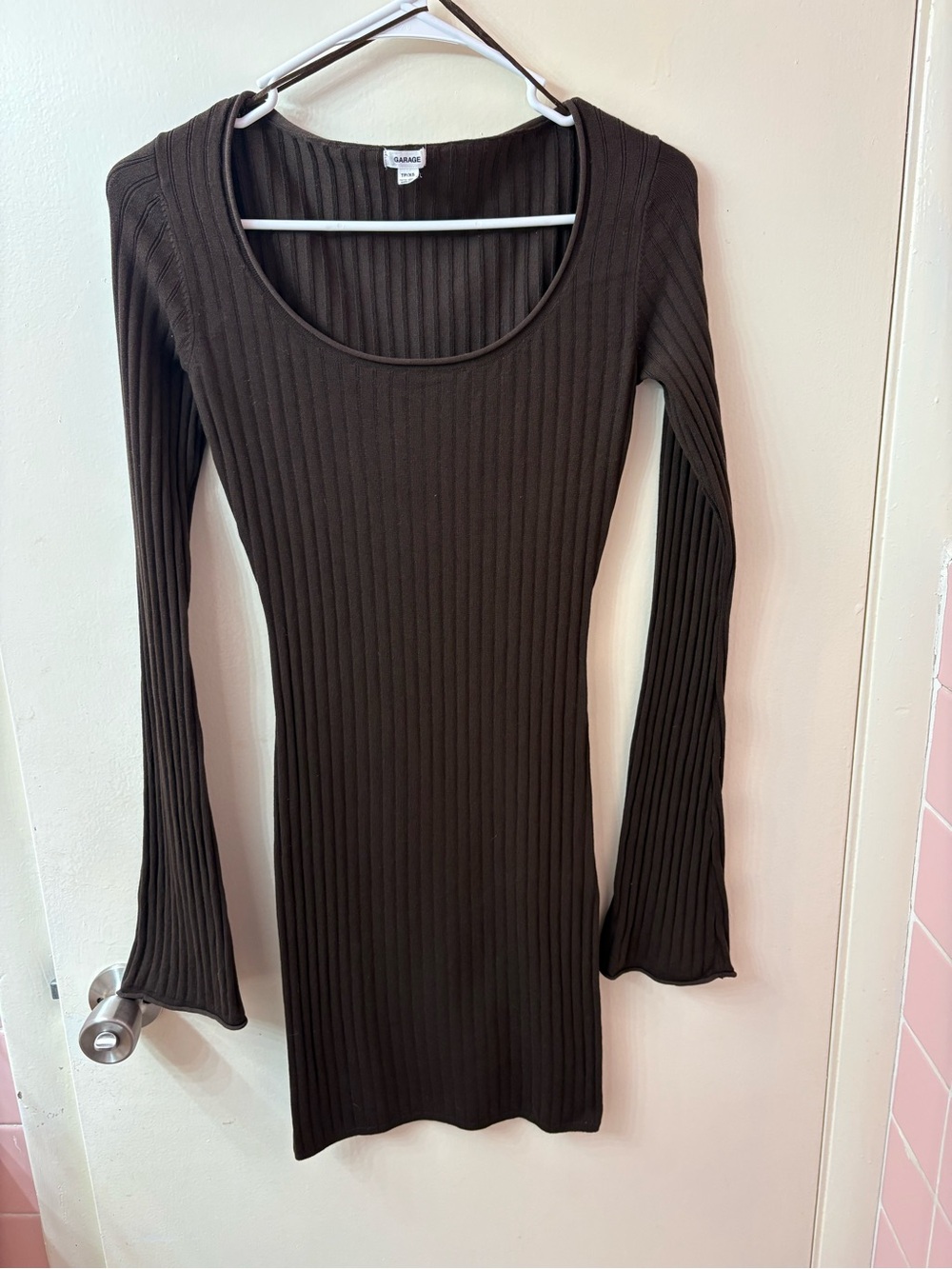Garage Ribbed Long-Sleeve Scoop Neck Dress — Brown